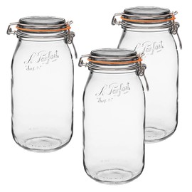 Le Parfait Super Jar - 2L French Glass Canning Jar w/Round Body, Airtight Rubber Seal & Glass Lid (64oz/2 Quarts, Pack of 3)