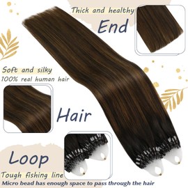 Ugeat Micro Beads Hair Extensions for Women 18 Inch Micro Link Human Hair with Invisible Micro Ring Sercet Micro Loop Hair Extensions 50G/50S Ombre Darkest Brown to Medium Brown Balayage #2/6/2
