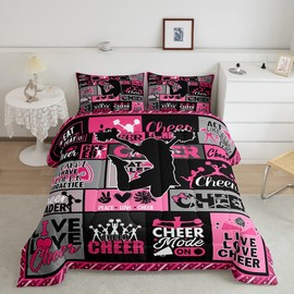 Cheer Sports Comforter for Girls Kids,Cheerleader Comforter Set Queen Size Home Decor,Soft Pink Gray Black Bedding Set,Girls Dancer Teens Bedroom Down Duvet,1 Comforter with 2 Pillowcases