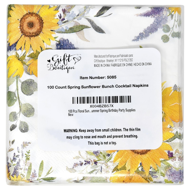 100 Pcs Sunflower Bunch Floral Cocktail Beverage Napkins Flowers Disposable