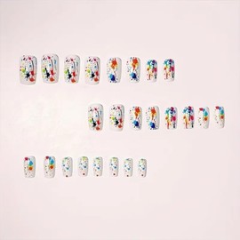 24Pcs Square Press on Nails White Acrylic Nails Colorful Ink Fake Nails with Designs Short Length False Nails Artificial Cute Glue on Nails Glossy Acrylic Stick on Nails for Women Girls
