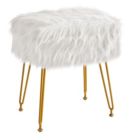 IBUYKE Rectangular Faux Fur Vanity Stool with Storage, Furry Makeup Chair Ottoman, Soft Padded Seat, Round Footrest Footstools with 4 Metal Legs, for Living Room Bedroom Entryway, White WBD022W