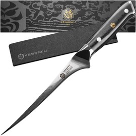 KESSAKU Fillet Knife - 7 inch - Damascus Dynasty Series - Flexible - Razor Sharp - Forged Japanese AUS-10V HC Stainless Steel - Boning, Trimming, Skinning - G10 Garolite Handle with Blade Guard