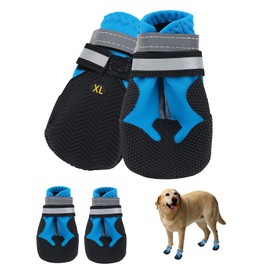 Dog Boots, Set of 4 Waterproof Dog Shoes with Reflective Straps Anti-Slip Sole Outdoor Paw Protectors Dog Shoes for Small Medium Dogs Autumn Winter, Blue (XL)