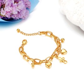 JewelryWe Fashion Heart Charm Bracelets,Double-Deck Chain Charms Stainless Steel Bracelet for Women Girls,Adjustable