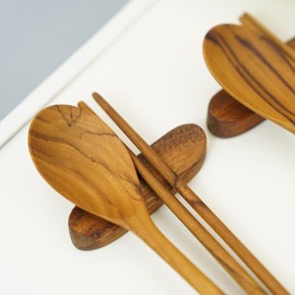 TREE FORK Wooden Spoon Chopstick Flatware Set, Natural Teak Wood Hand-carved Handmade Reusable Korea Traditional Cutlery Tableware Dinnerware Combination Utelsil for Eating Food