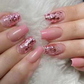 Gradient French Tip Press on Nails Medium Square Fake Nails Glossy Glitter Full Cover Gel Glue on Nails with Sequin Design Luxury Coffin False Nails for Women Kids Manicure Nail Decor - Gradient Pink
