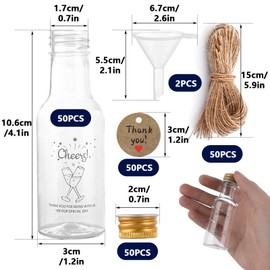 DAJAVE 50 Pack Mini Shot Bottles with Lids 50ml Miniature Alcohol Bottles, Reusable Small Plastic Bottle Empty Mini Bottle for Wedding Favour, Party - with Funnels Labels