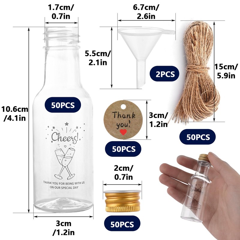 DAJAVE 50 Pack Mini Shot Bottles with Lids 50ml Miniature