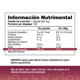 Aguaje Natural Peruano 1500 mg por porción (3 al día) 100 Cápsulas S&V Sin Gluten y Sin OMG