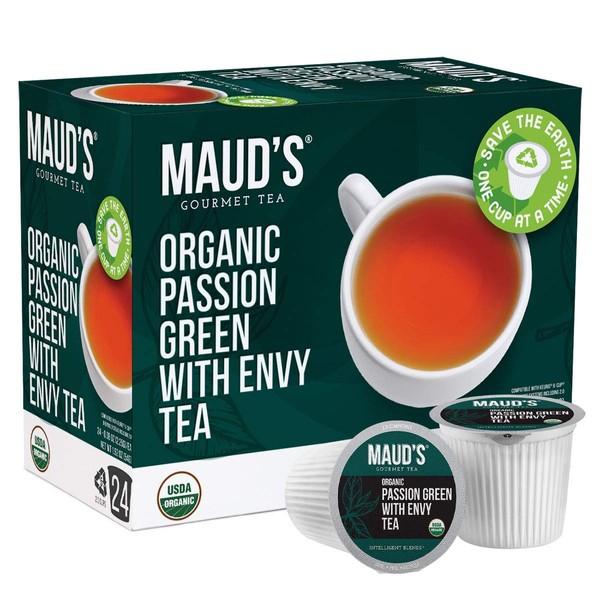 Maud's Organic Green Tea Passion (Passion Green With Envy Tea), 24ct. Solar Energy Produced Recyclable Single Serve Organic Green Tea Pods – 100% Organic Green Tea California Blended, KCup Compatible
