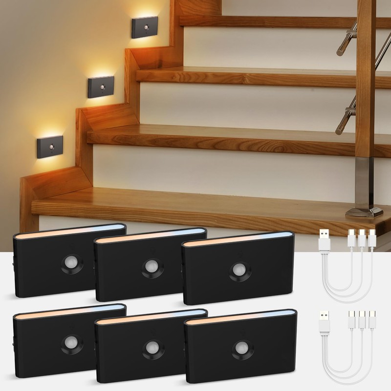 wowatt 6 Packs Rechargeable Motion Sensor Stair Light Black (Magnetic