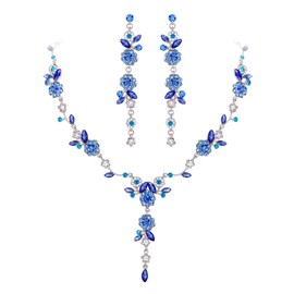 EVER FAITH Blume SchmuckSets für Damen Hochzeit Braut Strass Kristall Blatt Rebe Anhänger Halskette baumeln Ohrringe Set für Prom Party Blau Gold-Ton