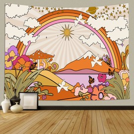 TOMOZ Vintage 70s 60s Groovy Tapestry, Retro Flowers Clouds Sun and Rainbow Tapestry Wall Hanging, Orange Boho Aesthetic Tapestry for Bedroom Living Room Dorm Decor 60 x 51Inch