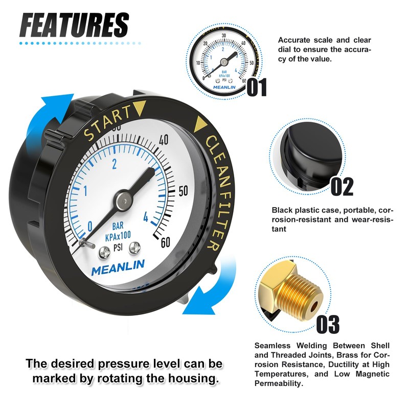 MEANLIN MEASURE 0~60Psi Plastic Frame 1/4" NPT Start and Clean