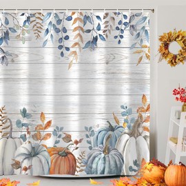 Emwnodti Fall Pumpkin Shower Curtain Bathroom Decor, Autumn Leaves Thanksgiving Farmhouse Watercolor Seasonal Shower Curtains, Polyester Fabric Waterproof Bathroom Curtain with 12 Hooks 72 x 72 inch