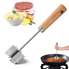BelleFlair Stainless Steel Meat Chopper, 28 cm Mince Masher with Wooden Handle for Ground Beef, Heat Resistant Potato Masher, Multi-Use Meat Mincer Tool.