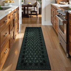 Lahome Black Kitchen Runner Rug 2x6, Low Plie Rug Runners for Hallways Non Slip, Vintage Floral Washable Runner for Entryway Laundry Room Bathroom (2'x6', Black/Green)