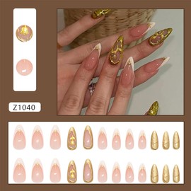 24Pcs French tip Press on Nails Medium Almond Fake Nails Gold Ripple Stick on Nails Metal Rose Acrylic Nails Press on Reusable Gold Star False Nails Nude Pink Glue on Nails for Women Manicure Supplies