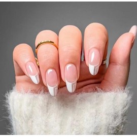 Resweky Long Fake Almond Nails Pink Sequins Nude Shiny White Fake Nails French Print On Nails Full Cover Acrylic Nails For Women Girls