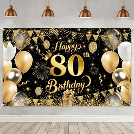 Yuanbigtai 80th Happy Birthday Banner,Happy 80th Birthday Decorations Backdrop,Birthday Party Decoration Black Gold Sign Poster for Backdrop Background for Men, and Women Birthday, 70.8 x 43.3 Inch