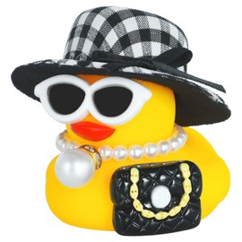 Car Rubber Duck with Stylish Lady Hat,Cateye Sunglasses,Squeaky Duck for Jeep Ducking Car Dashboard Decoration Party Favors Duck with Pearl Necklace,Mini Bag