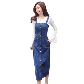 DRASAWEE Women Casual Suspender Denim Skirt Long Buttons Overalls Jean Dress M Blue
