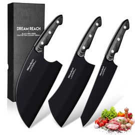 Dream Reach Butcher Knife Set - 3PCS Black Cleaver Knives Kit for Meat Cutting BBQ Outdoor Hand Forged Serbian Chef Cleaver for Mother Father Gift Idea