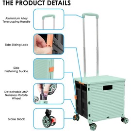 Rolling Crate Utility Cart Collapsible Tote Basket Teacher Cart with Lid Wear-Resistant Noiseless 360°Rotate Wheel Telescoping Handle for Trave Moving Luggage Use(Green,110lbs)