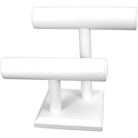 Set of 2 Two Tier White Leather T-Bar Bracelet Watch Jewelry Display Stands
