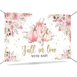 Mocsicka Pumpkin Baby Shower Backdrop Banner Fall in Love Baby Shower Decorations for Girls Pink Floral Pumpkin On The Way Background Party Supplies 72.8 x 43.3 Inch