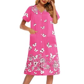 Ekouaer House Dresses for Women with Pockets Button Down Nightgowns Snap Front Moo Moos Mumu Dresses White Butterflies 3XL