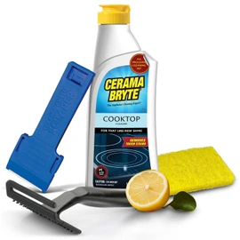 Cerama Bryte Glass Cooktop and Stove Top Cleaner Combo Kit - Includes Cleaning Tool, Razor, Scraper and 1 Pad to Remove Tough Stains - Use on Gas, Electric, Ceramic Surfaces, 10 Ounces, 4 Piece