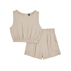 AUTOMET Vacation Summer 2 Piece Outfits Two Piece Sets Sleeveless Round Neck Crop Top Tank And High Waisted Shorts with Pockets Beige M