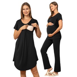 SUNNYBUY Women 3 PCS Maternity Nursing Nightgown Dress & Short Sleeve Breastfeeding Top & Pregnancy Pants Sleepwear Set, Black 2XL