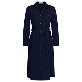 GRACE KARIN Women Teacher Office Business Lapel Long Sleeve Straight Skirt with Detachable Belt, navy