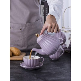 Jusalpha Serve for 6- Fine China Pink Coffee Cup/Teacup Set, 8 OZ Cups& Saucer, with Teapot-Sugar Bowl-Cream Pitcher Teaspoons and tea strainer for Tea/Coffee (Lavender, Serve of 6)