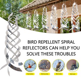 KOKMEYA Spiral Reflective Bird Repellent Device 8Pcs, 17.8 Inch Silver Bird Deterrent Hanging Ornament, Wind-Activated Rotating Reflector, for Garden, Yard, and Balcony Window Bird Control