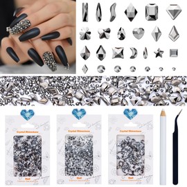 Duflash 950PCS Black Crystal Nail Rhinestones,200PCS 3D Glass Crystal Black Flatback Rhinestones Nail Gems and 750PCS Round Mixed Sizes Nail K9 Glass Diamonds Jewels for Nail DIY Faces Eyes Makeup