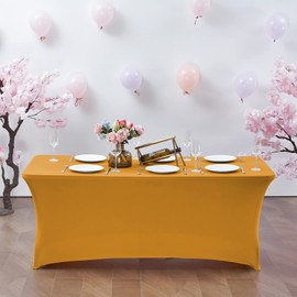 CWK 6FT Stretch Spandex Table Cover for Rectangular Tables - Elastic Fitted Tablecloth for Folding Tables, Wrinkle Resistant, Durable Table Protector for Parties, Weddings, Banquets & Events(Gold)