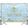 Sensfun Boy Baptism Backdrop God Bless Rustic Blue Wood Gold