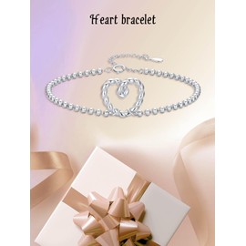 Sterling Silver Beaded Bracelet with Heart 925 Silver Ball Chain Bracelet Adjustable Silver Bead Bracelet for Women Minimalist Sterling Silver Jewelry
