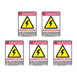 5pk Danger Hazardous Voltage Warning Black Red Yellow White Electrocution Shock Burn Death Warning Before Servicing Rectangle ANSI Label Sticker Decal Made in America (4x3)