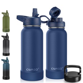 CIVAGO 32 oz Insulated Water Bottle With Straw, Stainless Steel Sports Water Cup Flask with 3 Lids (Straw, Spout and Handle Lid), Wide Mouth Travel Thermal Mug, Navy Blue