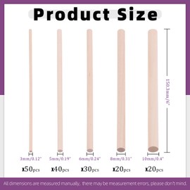 Swpeet 160Pcs OD 1/8" 3/16" 1/4" 5/16" 3/8" Length 6Inch/150mm Dowel Rods Wooden Dowel Rods Craft Wood Sticks Assortment Kit, Unfinished Dowel Small Round Hardwood Sticks