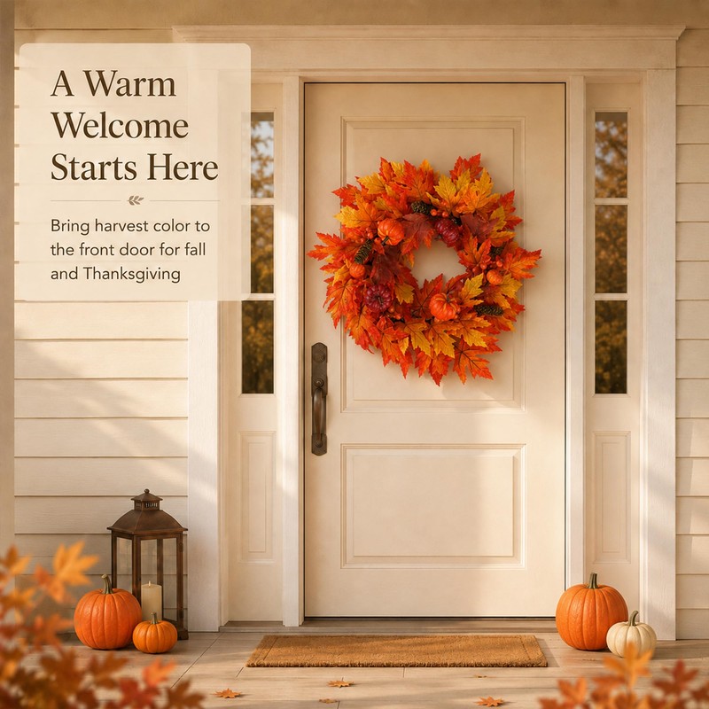 24" Artificial Halloween & Thanksgiving Wreath with Pumpkins & Maple