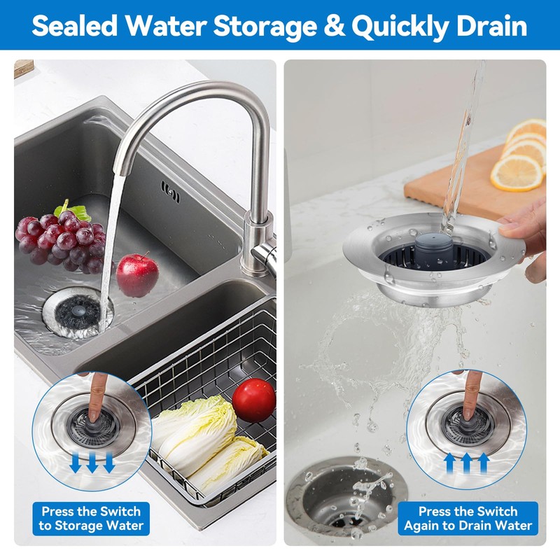 Fozite Upgraded 3-in-1 Kitchen Sink Drain Strainer, Stainless Steel Pop