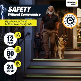 Grip Tape for Stairs 30" x 6" - 12-Pack Outdoor Stair Treads Non-Slip Weather Resistant - Anti Slip Tape for Exterior Wooden Steps - Glow in the Dark Waterproof 80-Grit Adhesive Treads by Thunder Grip