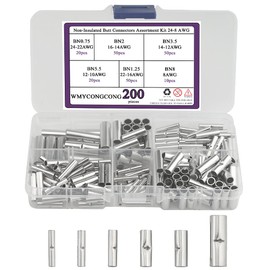 WMYCONGCONG 200 PCS Non-Insulated Butt Connectors Assortment Kit Uninsulated Wire Ferrule Cable Crimping Terminal Kit 24-8 AWG for Electric Splice DIY
