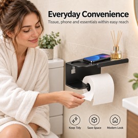 Wall-Mounted Toilet Paper Holder with Shelf – Carbon Steel Bathroom Roll Holder for Tissue, Phone & Small Essentials, Black